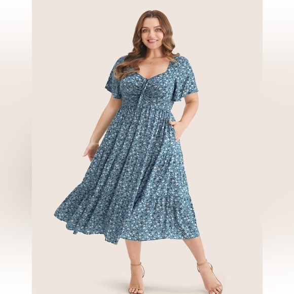 BloomChic Plus Size 6XL Ditsy Floral Drawstring Ruch Pocket Ruffle Tiered Dress - Picture 1 of 5